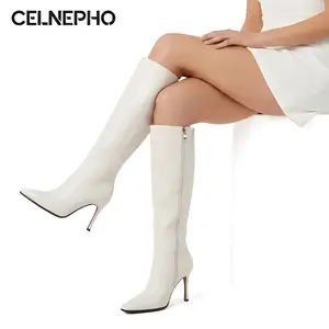 CELNEPHO Fashion Boots for Women Square Toe Knee High Boot Stiletto Heel Tall Long Booties Side Zipper Closure Easy Pull on Party Work Everyday Wear Dress Shoes