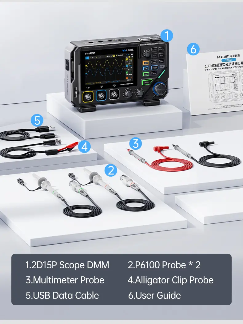 FNIRSI 2D15P Handheld Oscilloscope Multimeter - 3-in-1 Digital 2CH Automotive Tool with 100MHz Bandwidth, 500MS/s Sampling, 19,999 TRMS Counts, 10MHz DDS Signal Generator, 4.3 Touch Screen, 128-Level Grayscale Display, 6 Math Operations, Built-in Cells