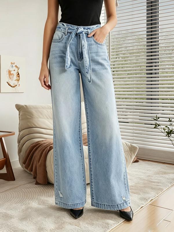 Women's Denim Wide-Leg Jeans - Mid Waist, Drawstring Tie, Distressed Details, Loose Fit, Multi-Size