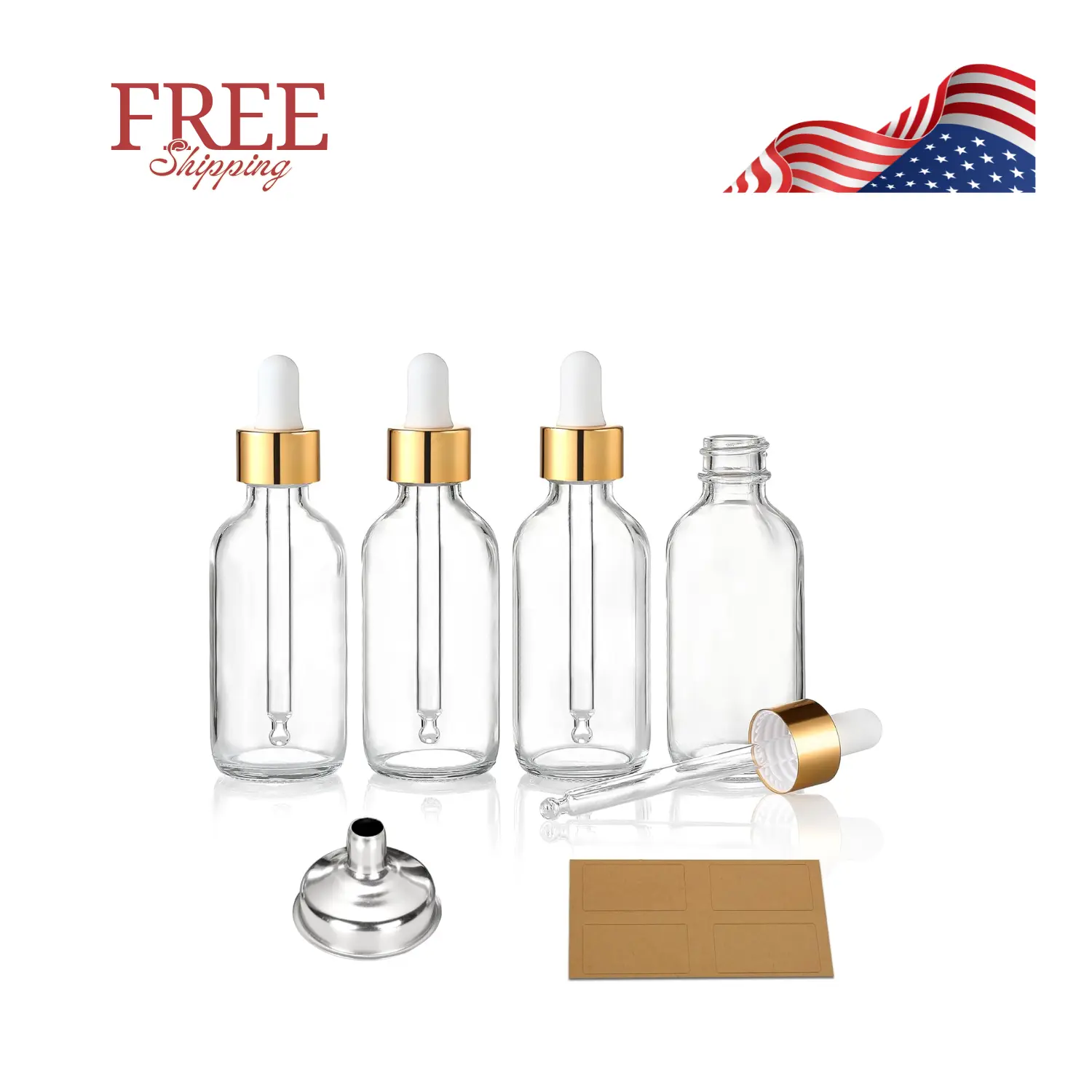 4 Pcs, 1 oz Golden Cap Clear Dropper Bottles (30ml) with 1 Funnel & 4 Labels