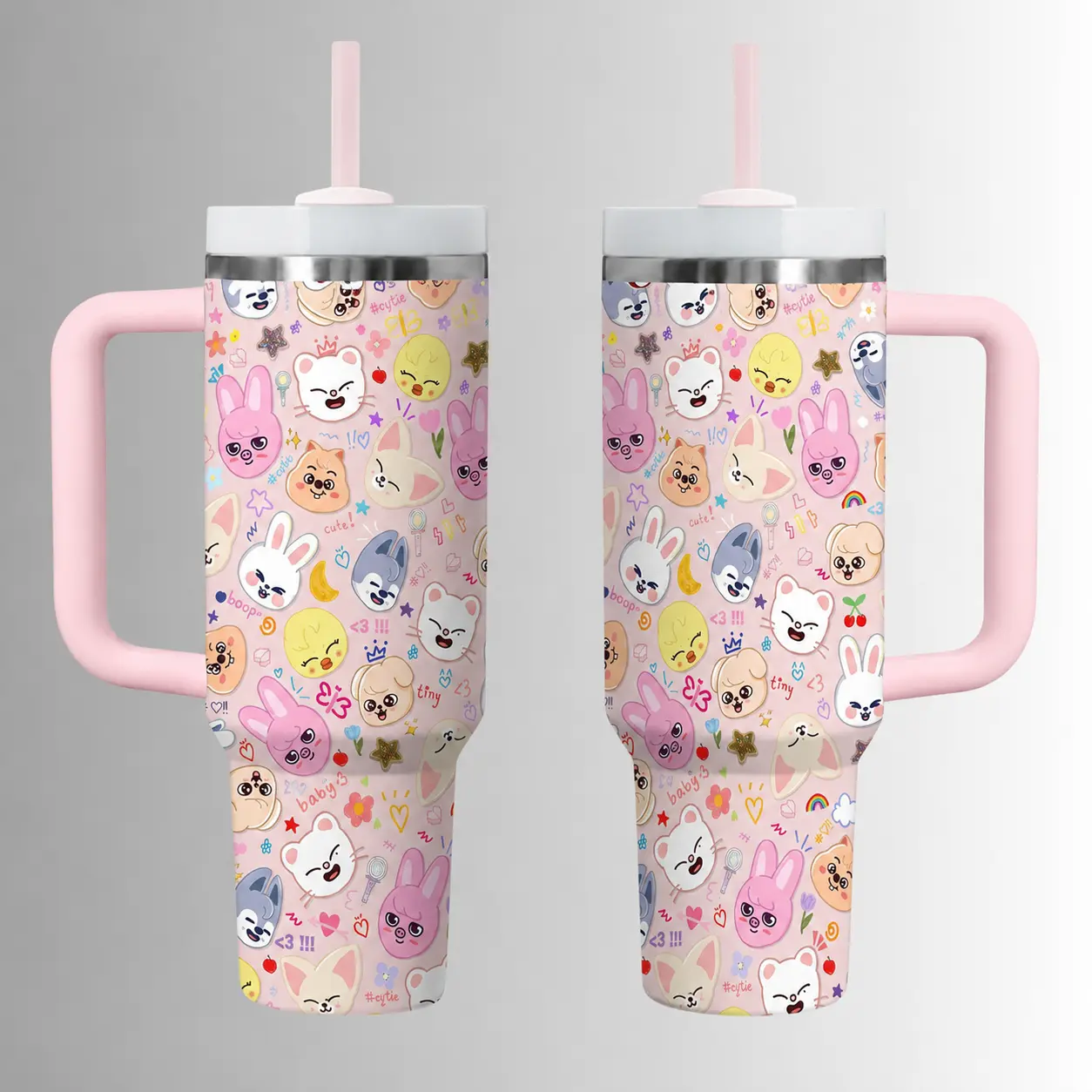 40oz/ 30oz/ 20oz Cute Animal Character 40oz Tumbler with Handle, K-Pop Fan Travel Mug, Stay Inspired Drinkware