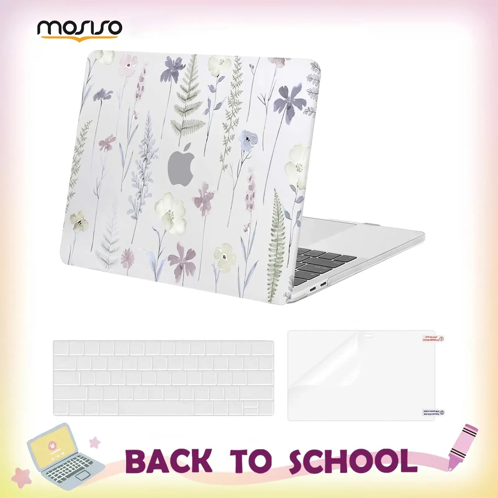 MOSISO Hard Shell Case for MacBook Pro 13 inch (M2 2026,2025,2024-2016 A2338 M1 A2251 A2289 A2159 A1989 A1708 A1706) - Plastic Meadow Floral Laptop Decor with Keyboard Cover & Screen Protector, Transparent, School, Office, Flexible, Commuting