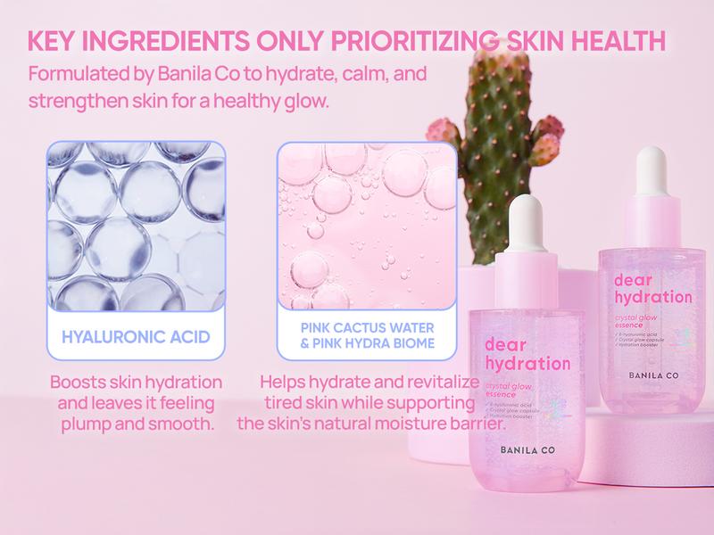 Dear Hydration Crystal Glow Essence | Pink Cactus & Biome Serum for Radiant, Moisturized Skin | Hyaluronic Acid Hydration Serum