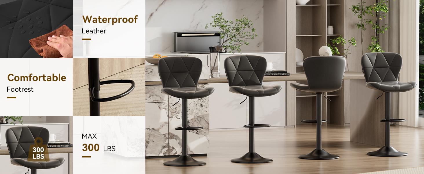 Modern Bar Stools, Adjustable Faux Leather Upholstered Swivel Bar Stools, Counter Height Bar Chairs with Back for Kitchen Island, Black