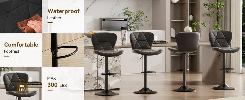 Modern Bar Stools, Adjustable Faux Leather Upholstered Swivel Bar Stools, Counter Height Bar Chairs with Back for Kitchen Island, Black