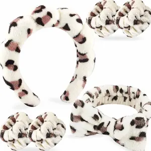 6Pcs Spa Headband for Washing Face Wristbands Set Women Bubble Skincare Makeup Sponge Plush Padded Puffy Headband Bow Tie Hairband Cute Non Slip Thick Hair Accessory Gifts(Beige Leopard)