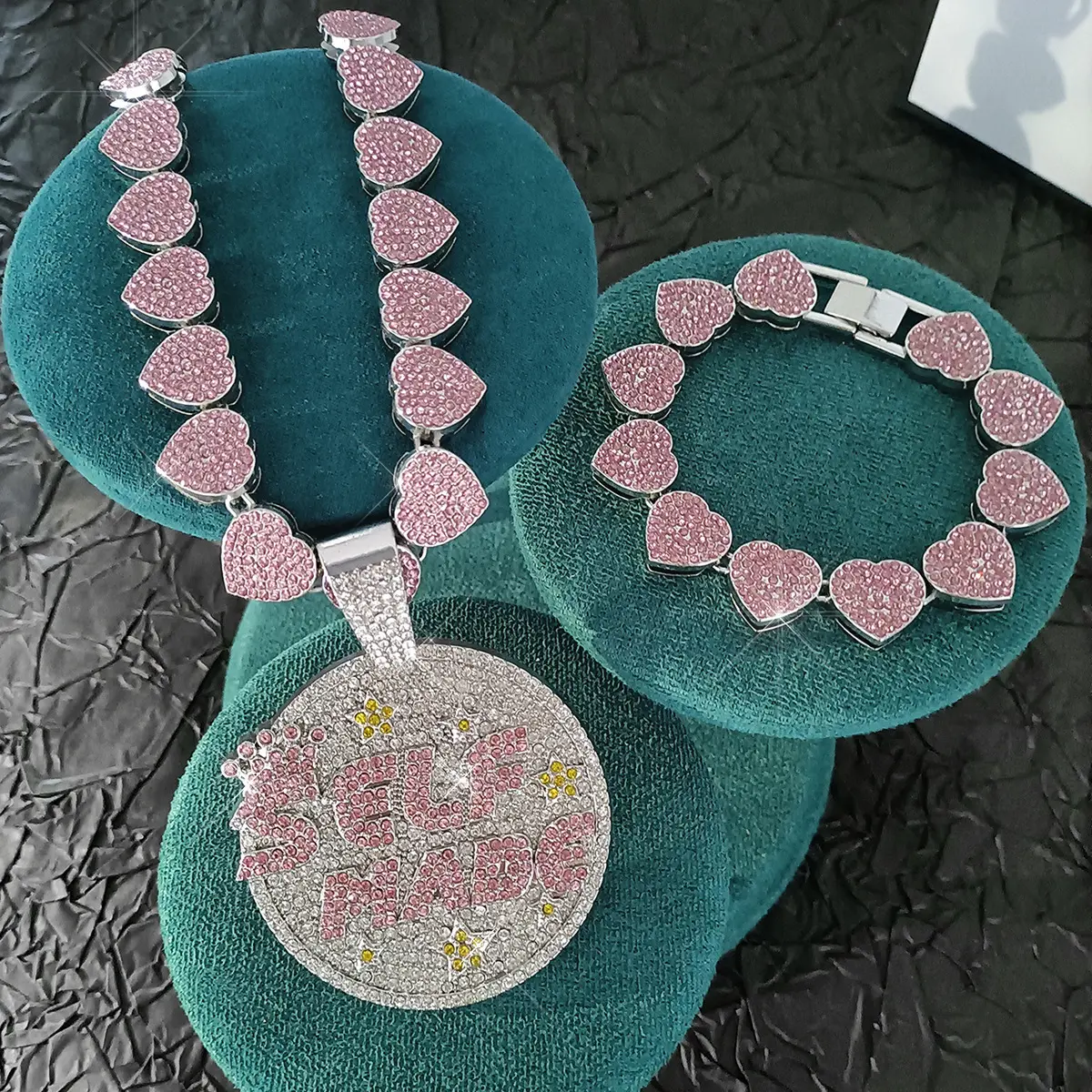 3Pcs SELFMADE Alphabet Pendant Jewelry Set, Hip Hop Street Style Miami Cuban Chain Necklace & Bracelet – Icy Rhinestone Sparkle, Perfect Gift for Everyday Wear