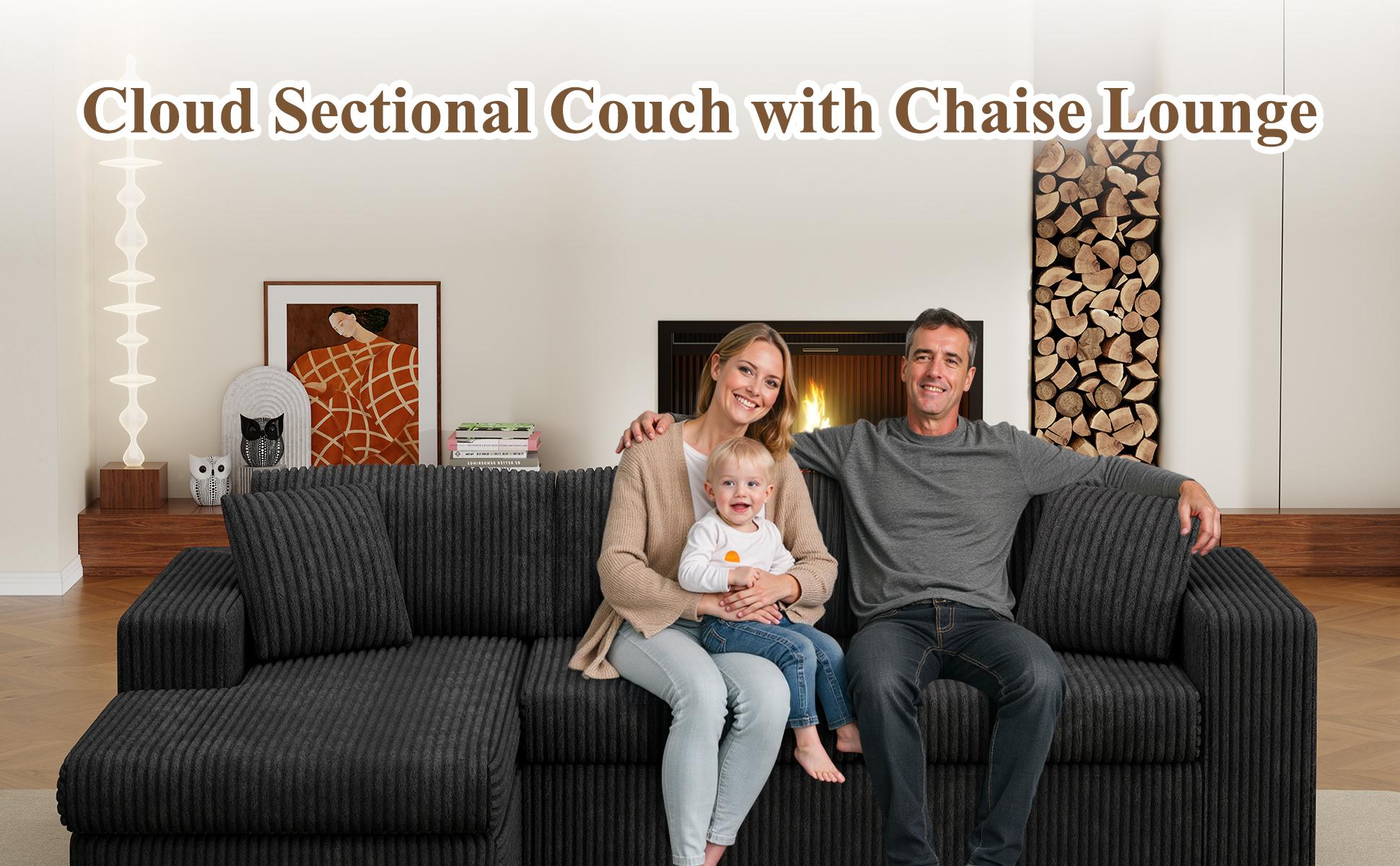 Walsunny 104" Cloud Sectional Couch L-Shape Chaise Modular Sofa in Plush Corduroy Fabric for Living Room & Bedroom No Assembly Required Black Upholstered Couches