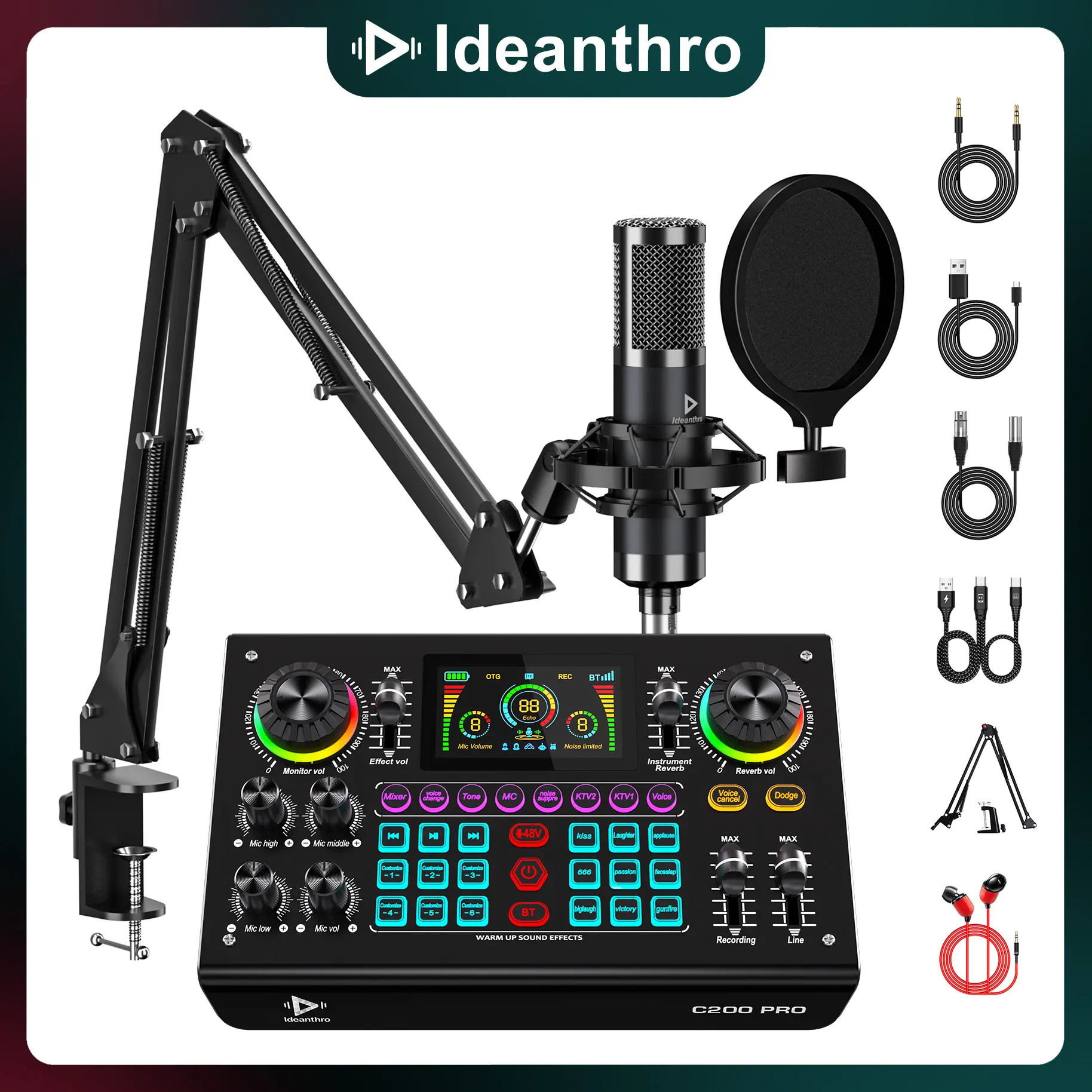 Ideanthro C200PRO-P15 Audio Mixer, Live Sound Card Podcast Bundle with XLR Microphone Connector, Professional Chipset, ouch Voice Change for Podcast,Recording,Vocal,Game Voice#TikTokShopBlackFriday
