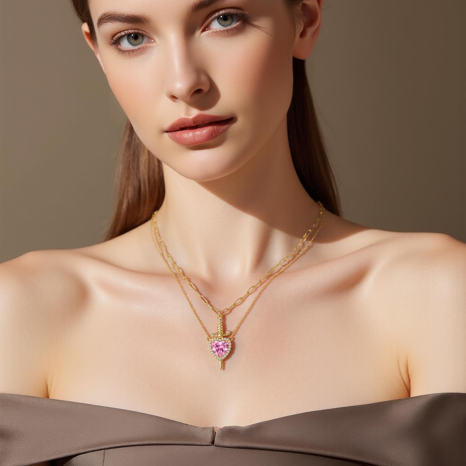 MEIITRUE 14K Gold Plated Heart Pendant Necklace for Women & Men Zirconia Dagger Cross Layer Necklace Matching Jewelry for Couples