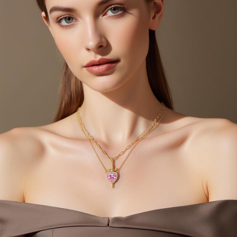 MEIITRUE 14K Gold Plated Heart Pendant Necklace for Women & Men Zirconia Dagger Cross Layer Necklace Matching Jewelry for Couples