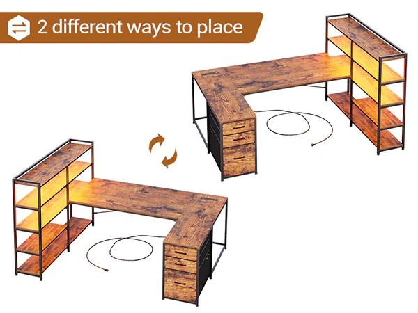 Sikaic 64.5 inches Reversible L Shaped Desk with Storage Shelves U Shaped Gaming Desk with 3 Drawers Power Outlet & LED Strip