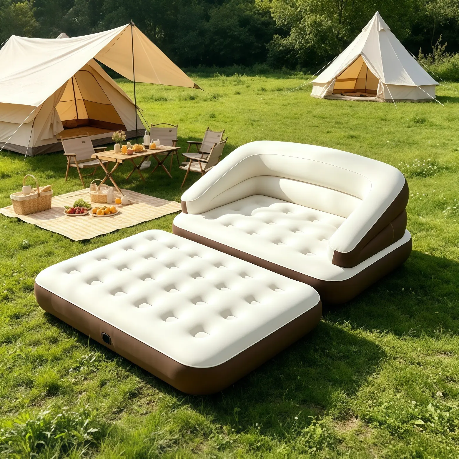 5-in-1 Inflatable Couch Bed - Twin Size Futon Shape Furniture with Attached Built-in Headboard, High Back Deep Seat, Foldable Portable Camping Sleeper, Free Air Pump Included (for Bedroom, Camping)