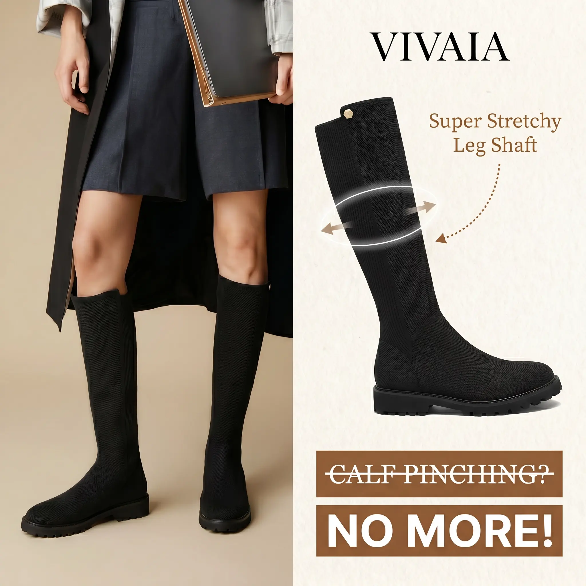 VIVAIA Women Round-Toe Stretchy Wool Knee-High Boots, Wide Calf Friendly, extra wide boots, Fashionable and Stylish Boots, Water Repellent Travel Boots, Winter Boots, Knee High Fash high top boot riding Boots (Filipa) tiktokshopbacktoschool