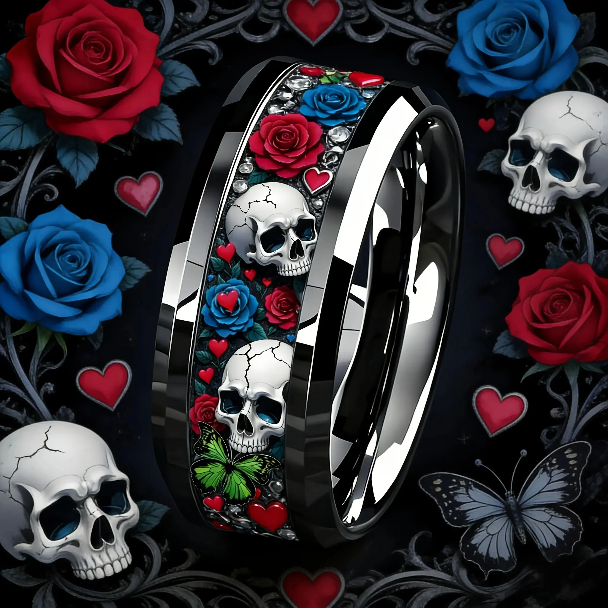 Cyberpunk-Style 8mm Men Stainless Steel Ring Gothic Punk Heart Rose and Skull Rings for Men Women Hiphop Rock Biker Jewelry Gift