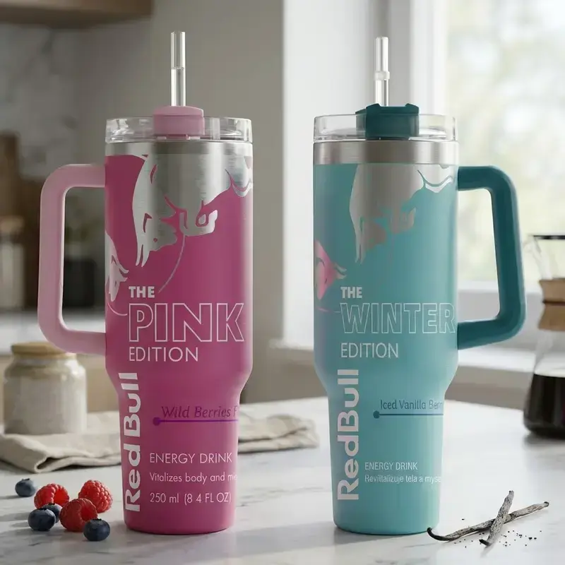 Red Bull Pink, Blue & White Edition 40oz Stainless Steel Tumbler With Handle and Straw, Double Wall Vacuum Insulated Travel Mug, Eco-Friendly, Gift for Your Health