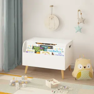 Muro Home Wooden Toy Box Toy Storage Organizer with Front Bookshelf Flip-Top Lid, Safety Hinge, Boys Girls Toy Chest Bench for Playroom Room Organization (White)