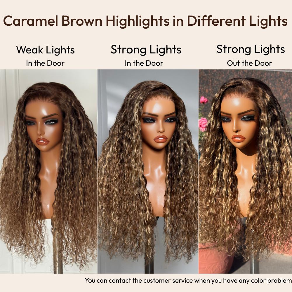 UNICE Wigs for Women, Ready to Wear 13x4 Pre-Cut HD Lace Frontal with Caramel & Honey Highlights, Heat Resistant Glueless Cap, 180% Density, Blonde Highlights, Female, Water Wave, 16-24 Inch, Pre-Cut Lace