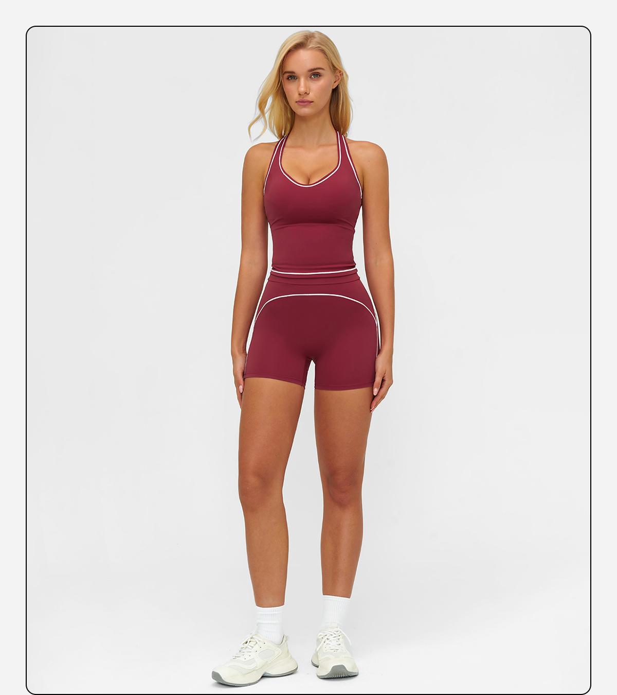 MFVIM Women's Solid Crop Sports Bra & High Waist Gym Shorts Tracksuit Set, High Stretch Casual Breathable Comfortable Quick Drying Spaghetti Strap Backless Sports Bra & Drawstring Waist Skinny Shorts for Yoga Gym Workout, Ladies Sportswear for All Seasons