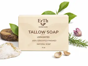 ErTh Beef Tallow Soap Bar - 100% Grass-Fed/Finished, All-Natural Face & Body Tallow Moisturizer, Sensitive Skin Friendly, 4 oz (Unscented, Lavender, Honey & Oats)