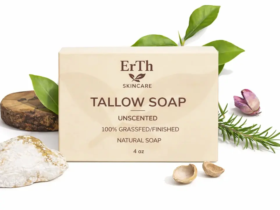 ErTh Beef Tallow Soap Bar - 100% Grass-Fed/Finished, All-Natural Face & Body Tallow Moisturizer, Sensitive Skin Friendly, 4 oz (Unscented, Lavender, Honey & Oats)