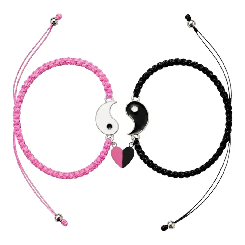 BONJOOK Yin Yang Couple Bracelets, Connected Heart, Best Friends Matching Friendship Bracelets, Adjustable Pink Black White Braided Cords, Gift for Couples Him Her Men Women
