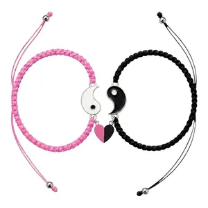 BONJOOK Yin Yang Couple Bracelets, Connected Heart, Best Friends Matching Friendship Bracelets, Adjustable Pink Black White Braided Cords, Gift for Couples Him Her Men Women