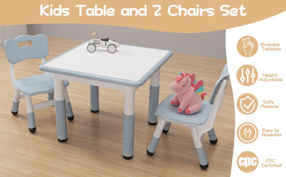 GARVEE Height Adjustable Toddler Table with Graffiti Desktop, Includes 2 Chairs and 12 Watercolor Pens, Ideal for Home Nursery Activities like Reading, Drawing, Playing, and Eating.