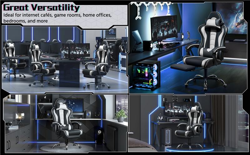 【Massage Function】Yaheetech Ergonomic Gaming Chair with Massage Lumbar Support and Footrest, Swivel Rolling Chair and Headrest,Pu leather Desk Chair Reclining tall gaming