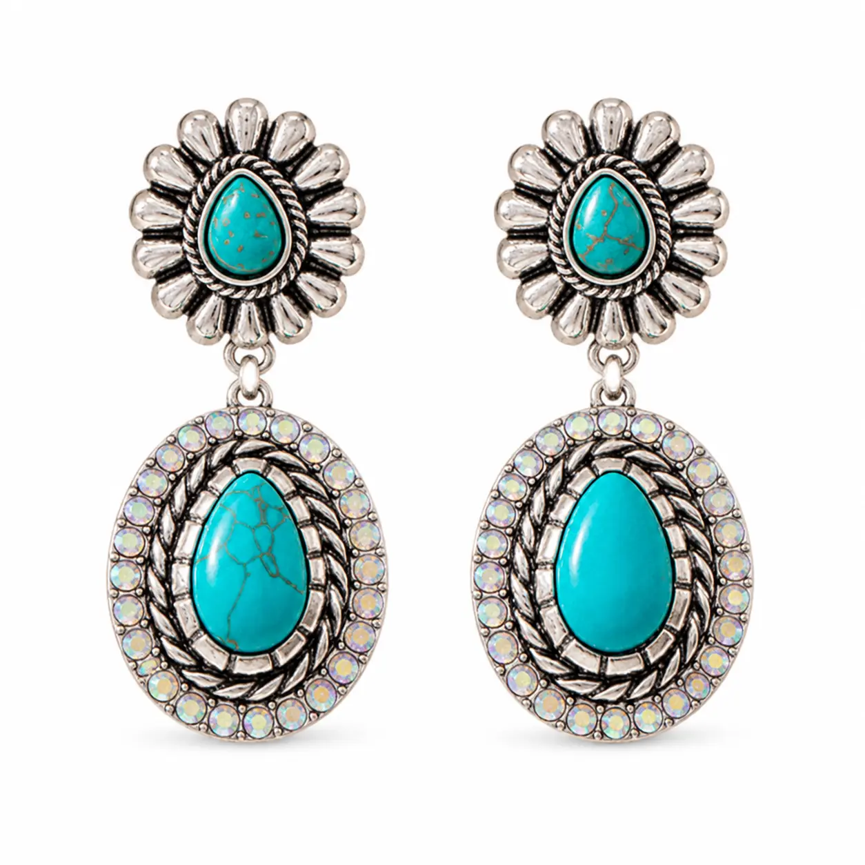 EH-A38-Southwestern Sunburst Drop Earrings | Turquoise-Style Teardrops with Iridescent Crystal Halo & Rope Texture | Lightweight Boho Glamour