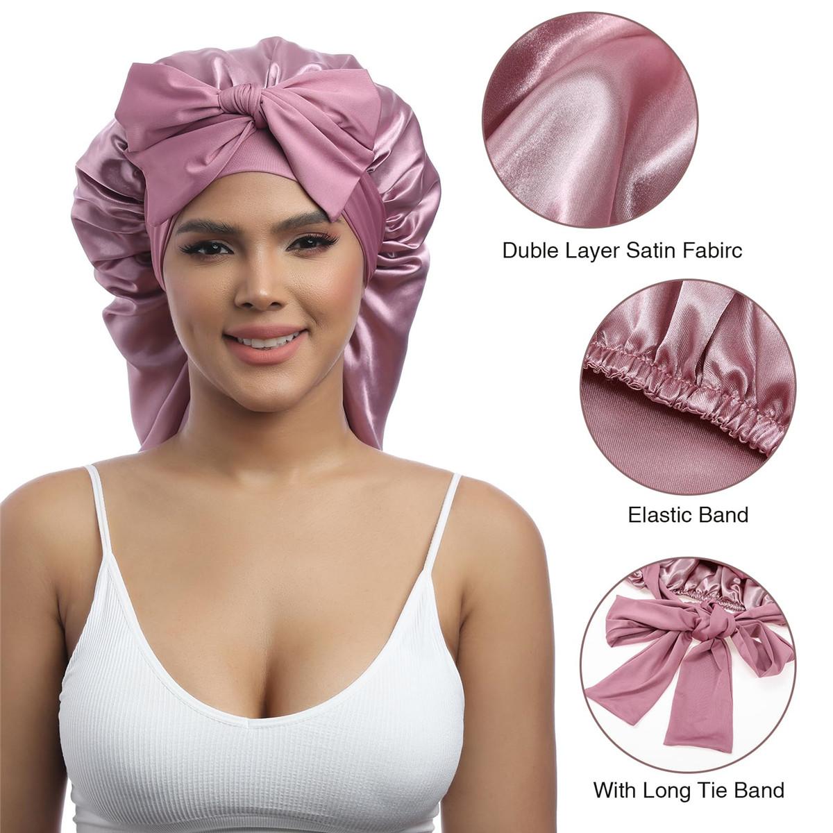 Long Double Layer Satin Bonnet for Women Elastic Silk Like Texture Bonnet for Braids Curly Hair Sleeping Sleep Cap Hair Bonnets Nightcap with Tie Band
