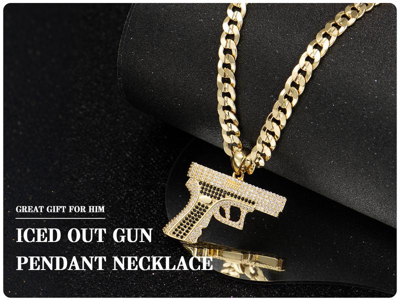 Holylegend 14K Real Gold-Plated Gun Pendant Necklace with AAAA CZ Diamonds, Streetwear Cuban and Rope Chain Jewelry, Bling Accessories Gift for Him, Men's Iced Out Hip Hop Chain,High End Necklace,Necklaces Men