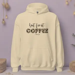 But First Coffee Leopard Graphic Hoodie Soft Smooth Stylish 50% Cotton 50% Polyester Double Lined Hood Matching Drawcord Front Pouch Pocket