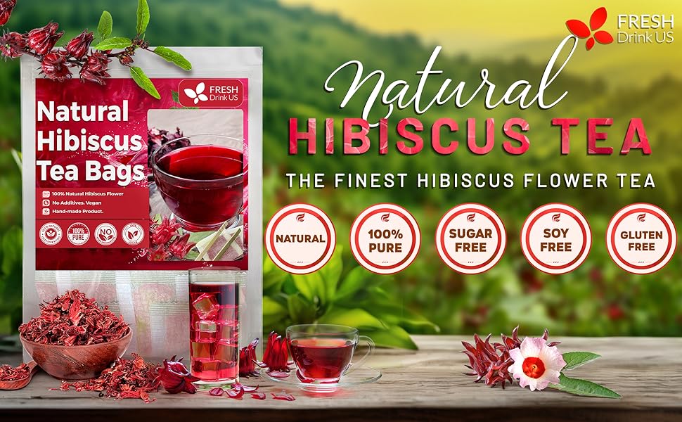 【FreshDrinkUS】 Hibiscus Tea, Premium Hibiscus Flowers Tea Bags, 100% Natural, Pure from Hibiscus Flowers. Loose Flower Hibiscus Herbal Tea. Hibiscus Flower Tea. No Sugar, No Caffeine, No Gluten, Vegan. hibiscus tea Beverage