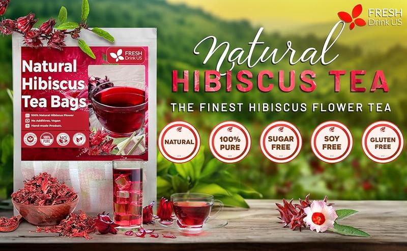 Hibiscus Tea, Premium Hibiscus Flowers Tea Bags, 100% Natural, Pure from Hibiscus Flowers. Loose Flower Hibiscus Herbal Tea. Hibiscus Flower Tea. No Sugar, No Caffeine, No Gluten, Vegan. hibiscus tea Beverage