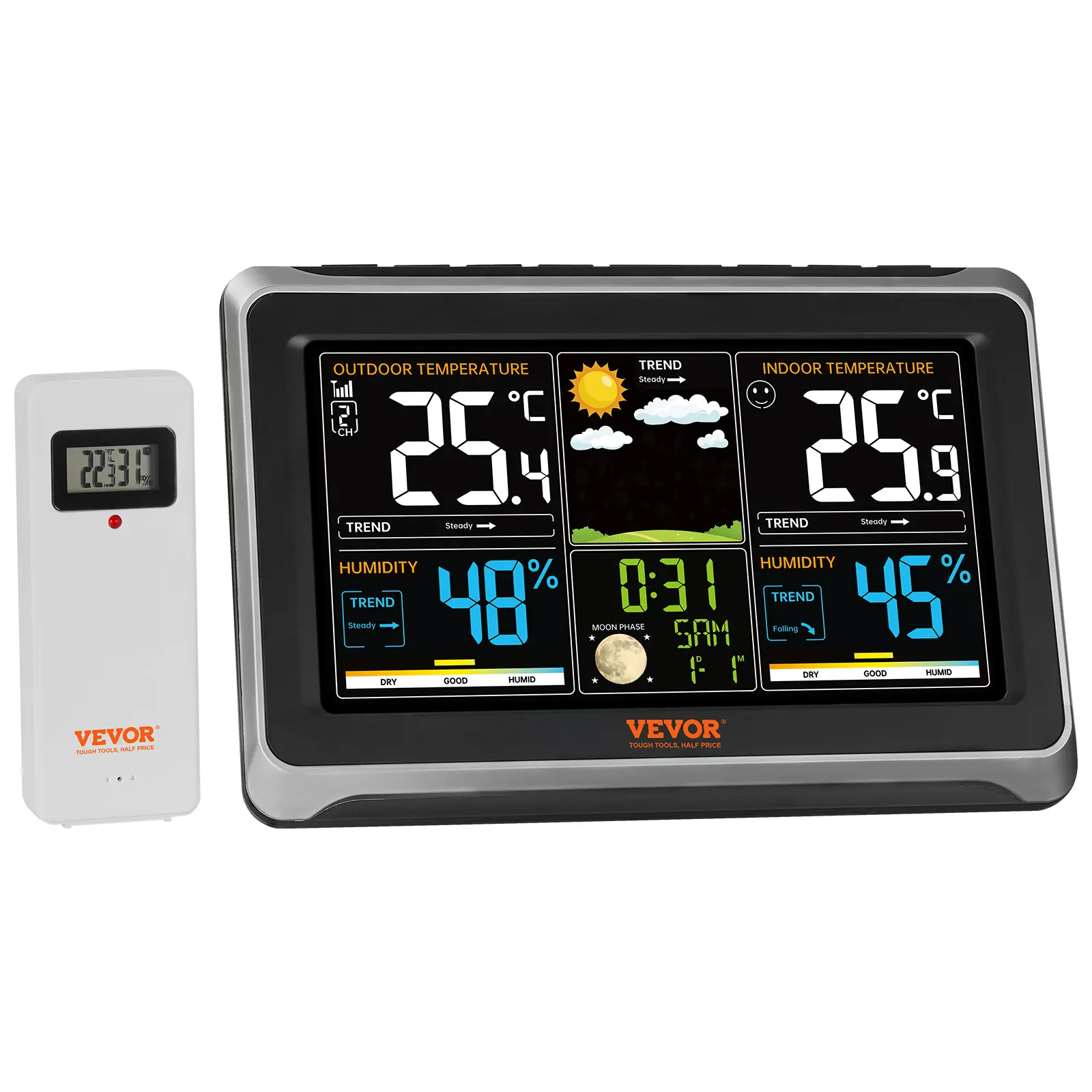 VEVOR Wireless Digital Weather Station with LCD Thermometer, 7.5in Large Color Display, Atomic Clock, Adjustable Backlight, Forecast Data, Calendar, Alarm Alert, Easy Setup, 2sec Time Setting, Outdoor Sensor View, Travel Tech Gadget, Father's Day Gift, Di