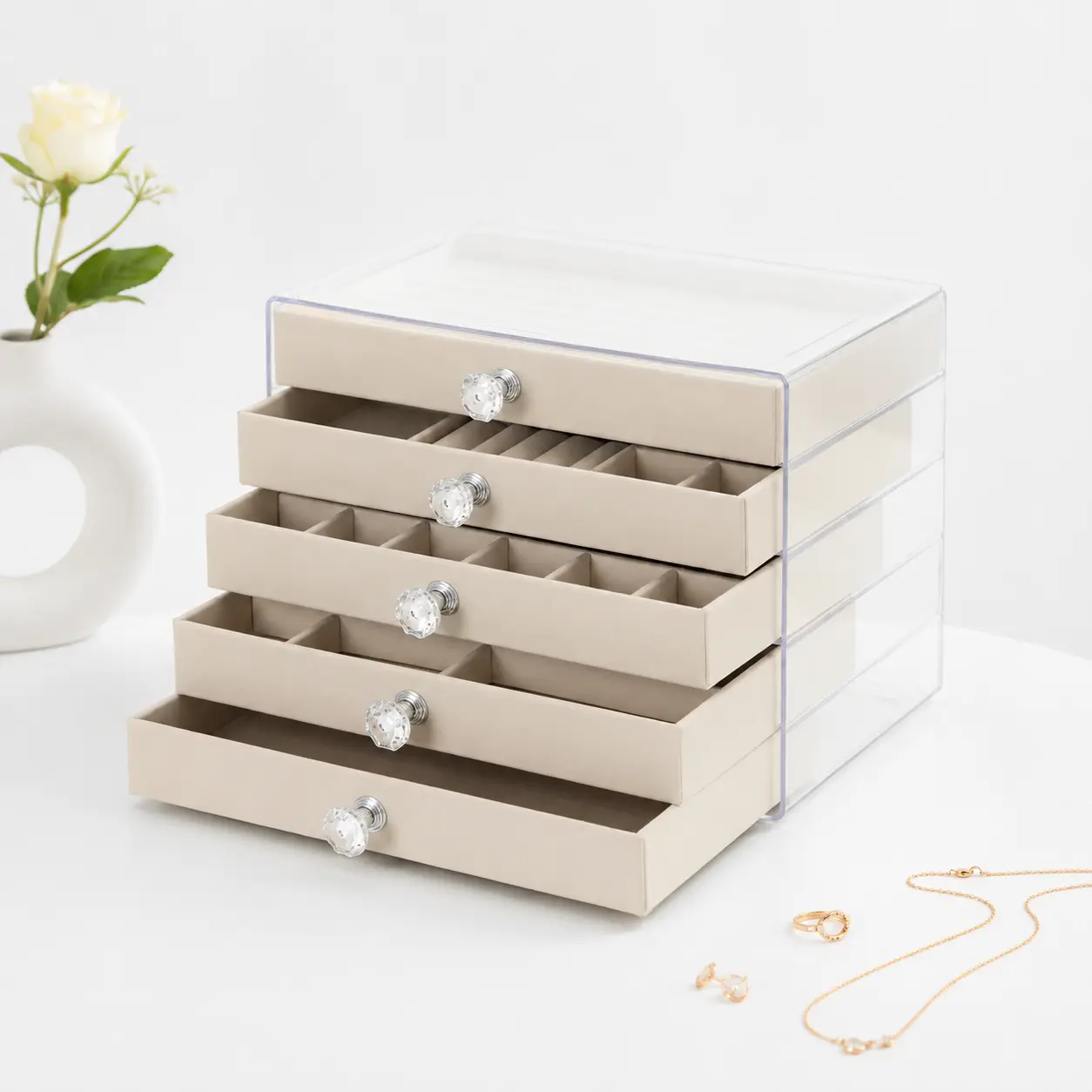 5-Drawer Jewelry Organizer Box for Women, Clear Acrylic Jewelry Storage Case with Velvet-Lined Trays, Large Capacity Organizer for Rings, Earrings, Necklaces, Bracelets, Vanity, Dresser & Bedroom Organization