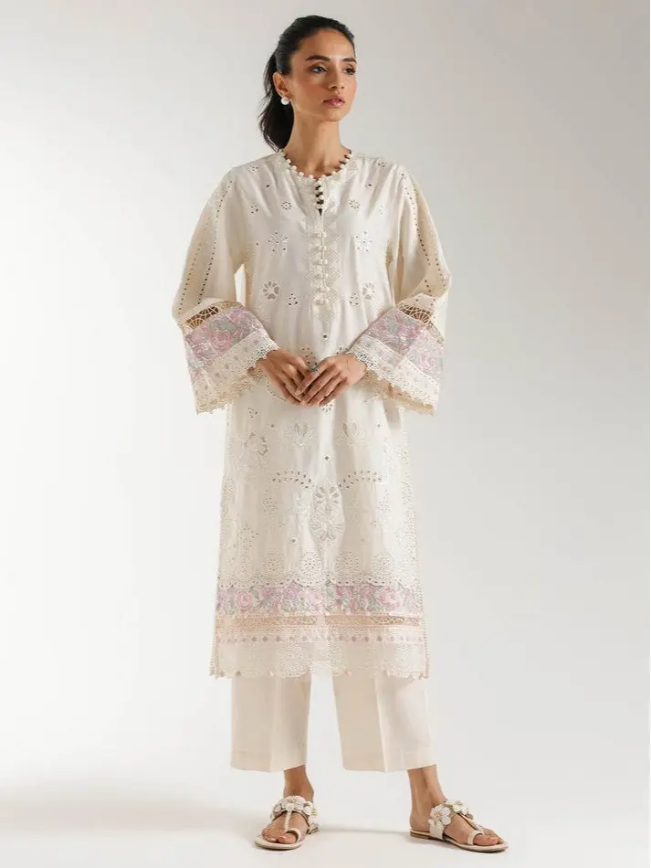Women's 3-Piece Trouser Suit, Chic Statement Lelan Outfit with Floral Schiffli Embroidery and a Long Sleeve Shirt