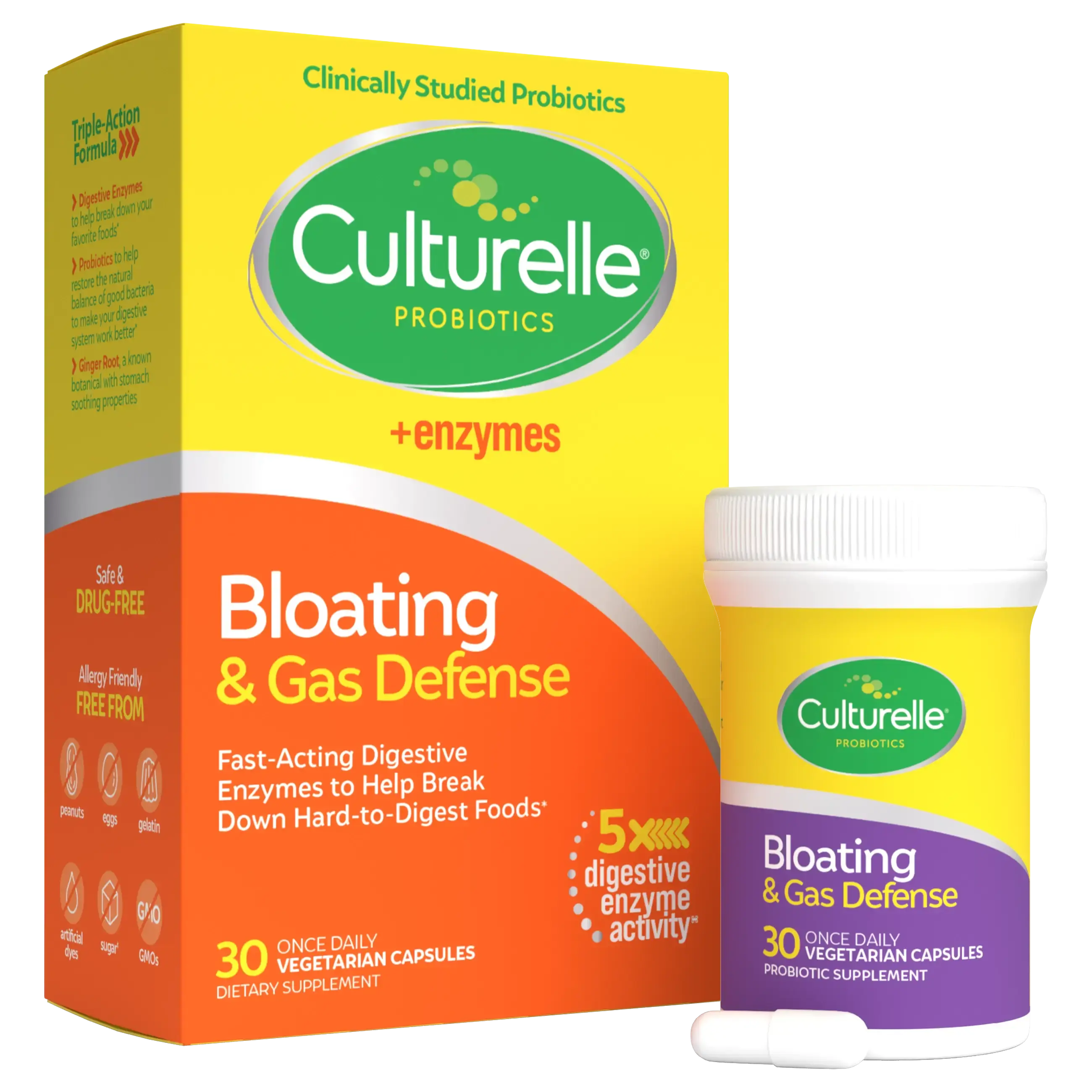 Culturelle Bloating & Gas Defense Capsules - Daily Digestive Support Supplement with Probiotics, Digestive Enzymes & Ginger