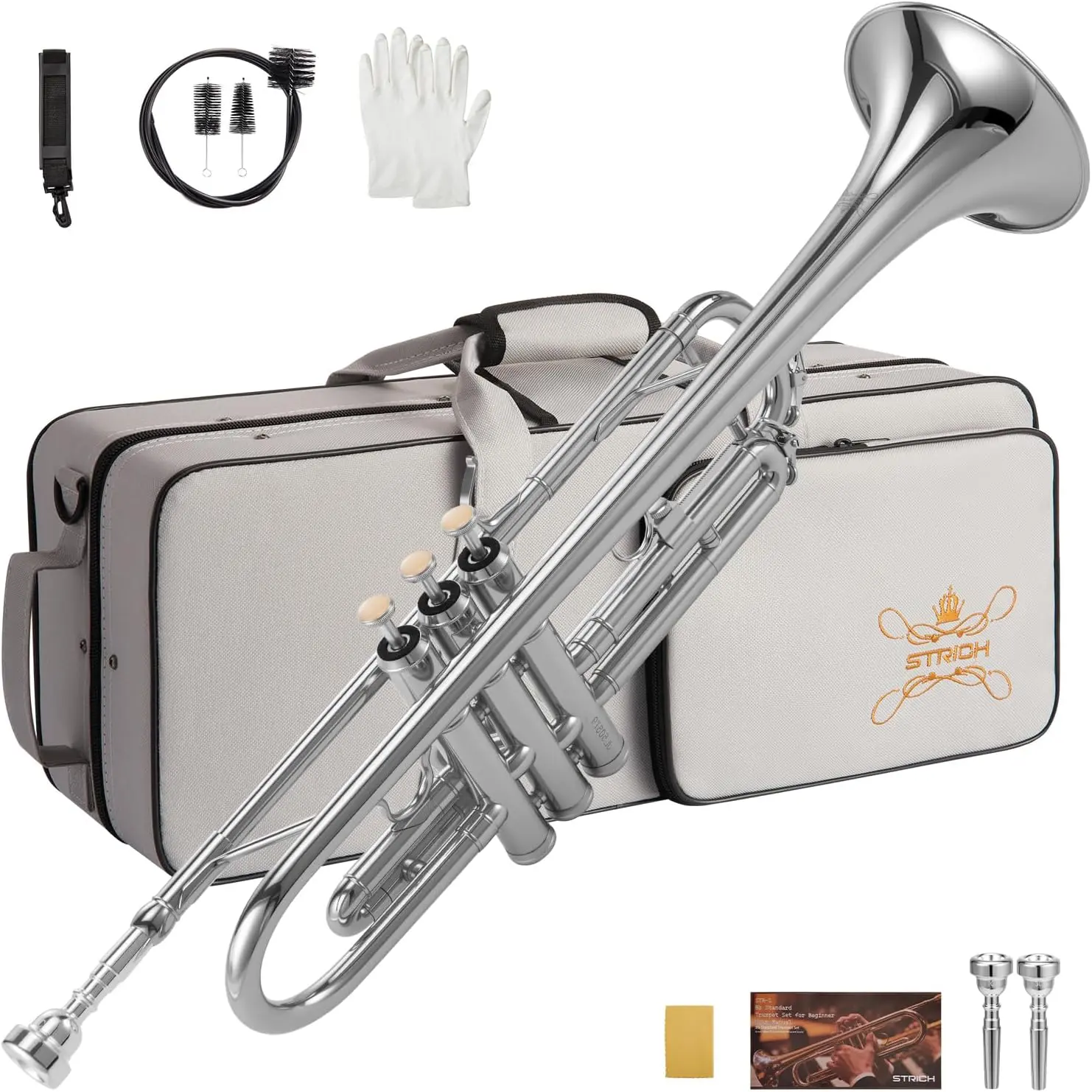 STRICH Bb Standard Trumpet Set for Beginners, Brass Student Trumpet Instrument with Hard Case, Cleaning Kit, 7C & 3C Mouthpieces, Gloves - STR-1S, Silver Durable Alloy