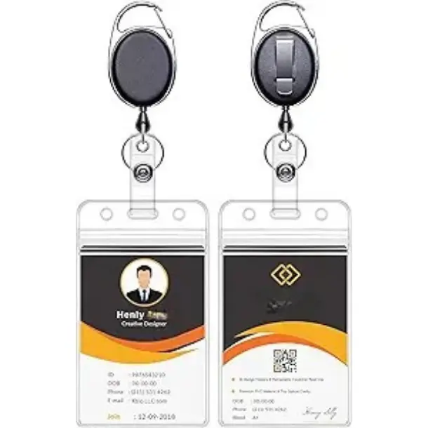 [New Deal] 2 Pack ID Badge Holders with Metal Clip and Keyring - Vertical Clear Plastic ID Card Holders (2.5" x 3.4") - Retractable 24" Pull Cord for Office, School,, Office Accessories, Home Office Accessories
