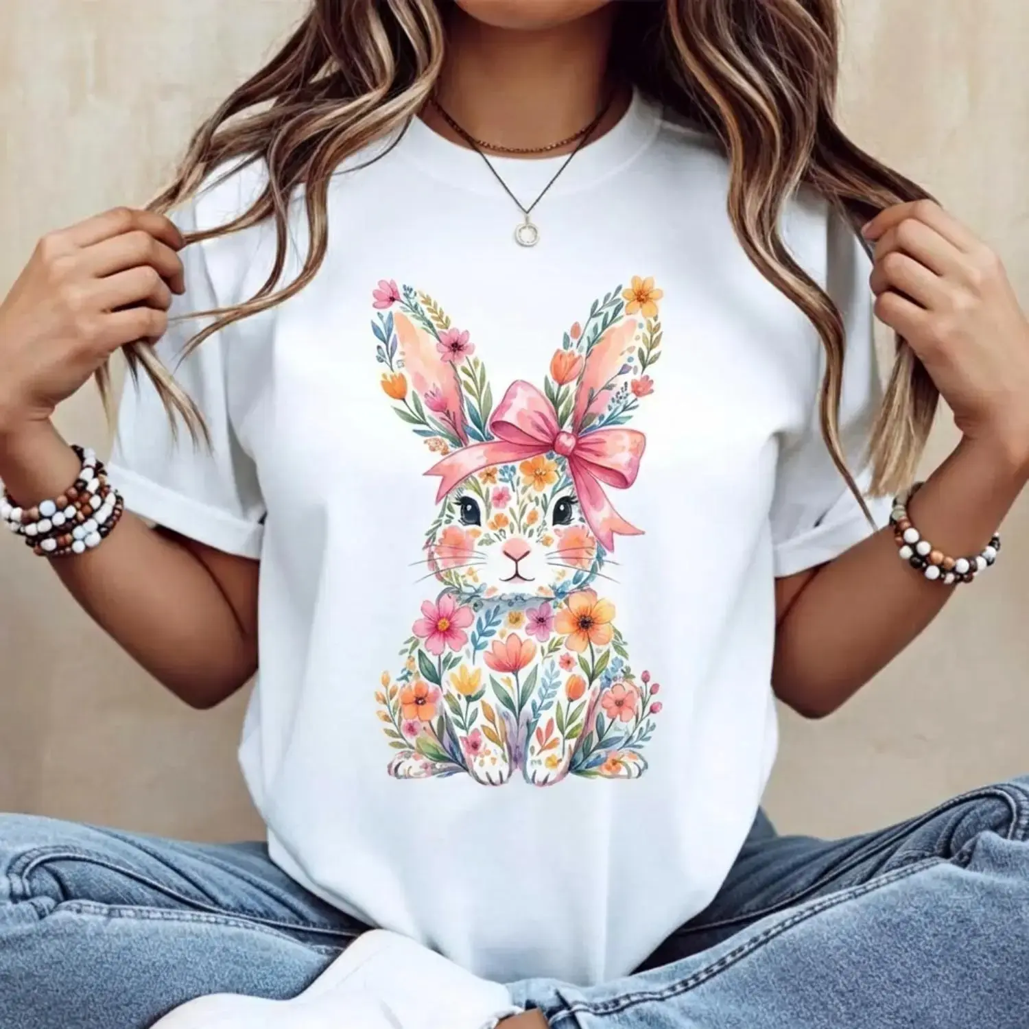 Women's Casual Round Neck Short Sleeve Top - Lady's Fit Casual Tee Shirt with Easter Bunny, Pink Bow, Colorful Swirls Print - Ideal for Spring Festivals, Outdoor Leisure