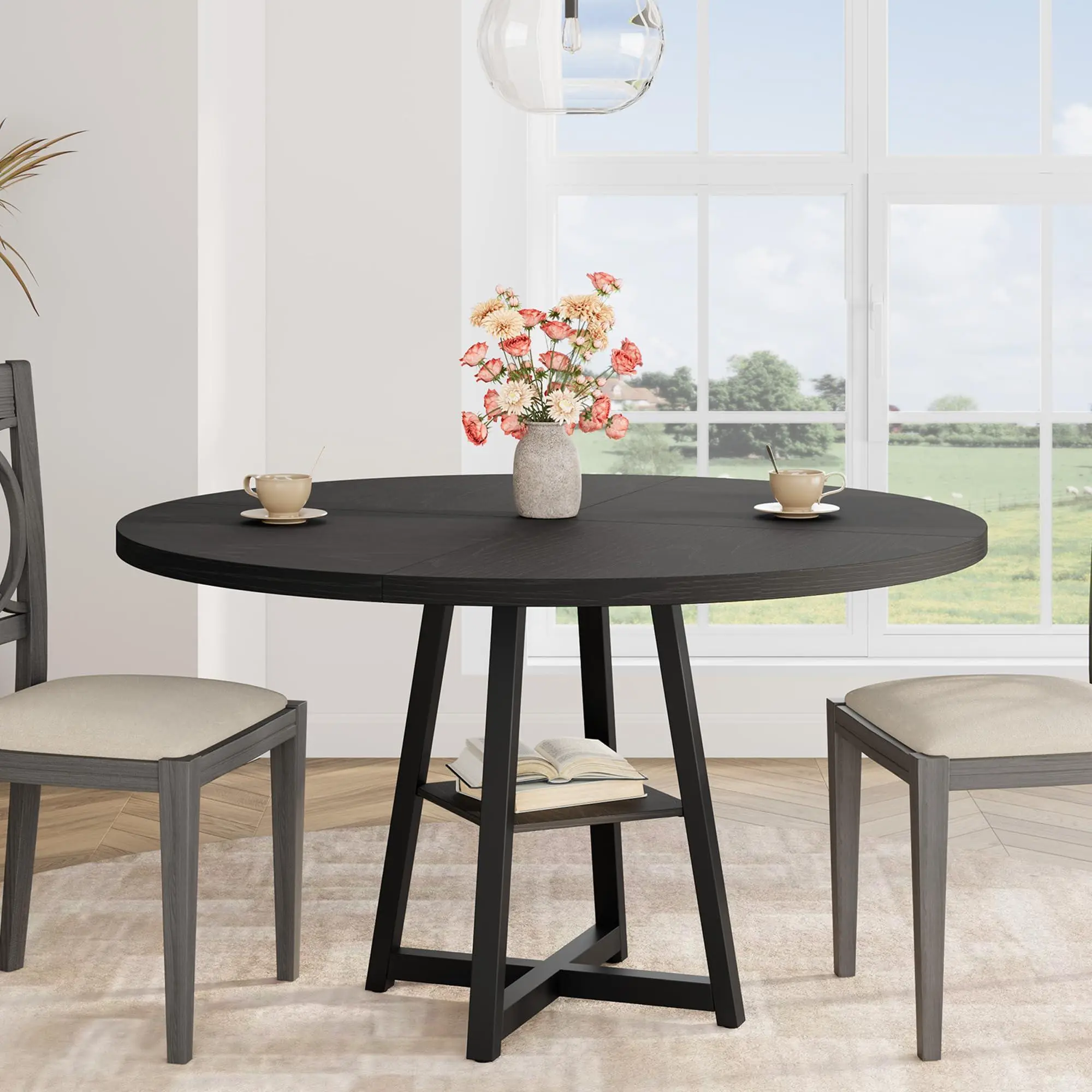 Industrial Round Dining Table,47 Inch Round Kitchen Table for 4,Dinner Table with Wooden Top and Metal Base for Dining Room,Black,47.2 in w/Storage