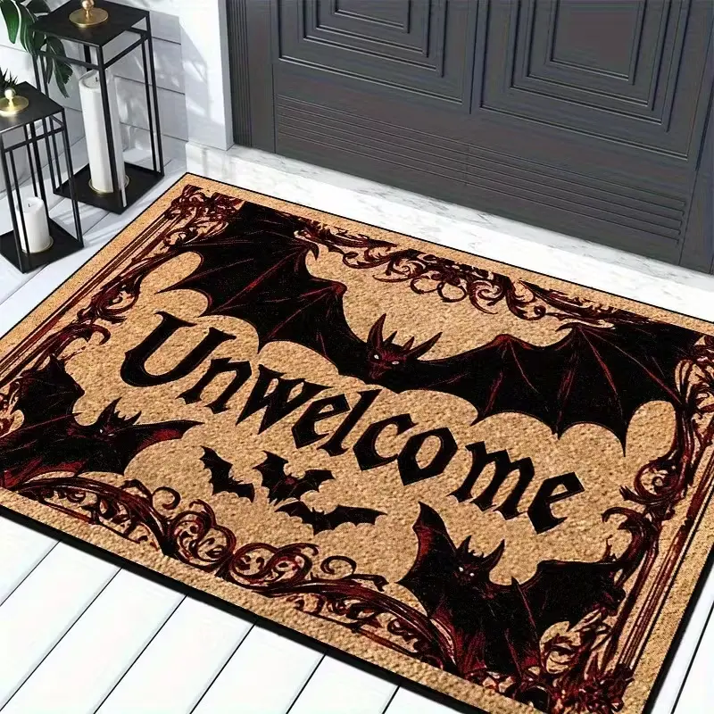Welcome Door Mat - Non-Slip Mat with Gothic Bats & Red Lettering, Durable Indoor/ Outdoor Mat for Home Entryway, Living Room, Garden Decor, Halloween Decorations