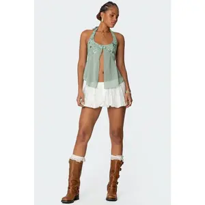 Women Y2K Halter Crop Top Sexy Sleeveless Backless Tie Up Cami Deep V Neck Tank Tops Open Back Slim Fit Coquette Tops