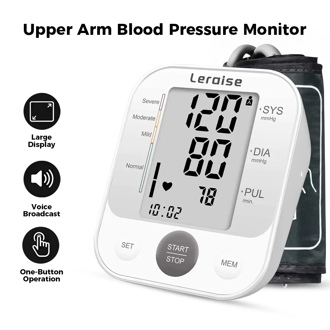 Leraise Healthcare Upper Arm Digital Blood Pressure Machine - Speaker-Equipped Health Monitor, 2-User Support, 240 Recordings, Large Cuff, Automatic Operation, Digital Display, for Home Monitoring & Hypertensive Patients to Improve Quality of Life
