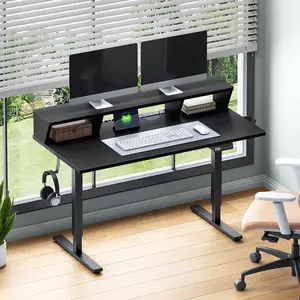 HOOBRO Electric Height Adjustable Standing Desk, Ergonomic Computer Table with Charging Station, Adjustable Standing Desk,  3 Memory Presets and Monitor Shelf, Ergonomic Sit Stand Desk for Programmers & Artists, for Home Office, Black and Gray