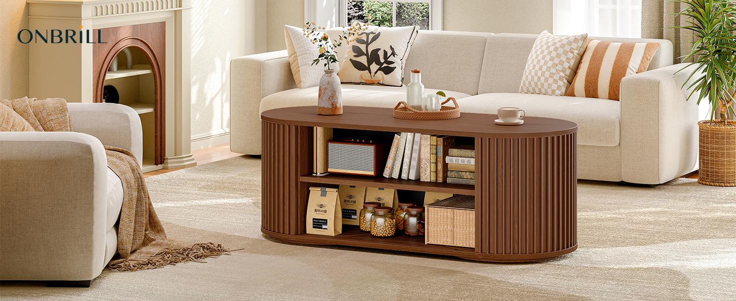 ONBRILL 47" Multi-Functional Coffee Table with Storage, Oval Coffee Table with Vertical Striped Sliding Door & Round Base, Mid-Century Modern Center Table with Adjustable Shelf for Living Room ONBRILL 47" Multi-Functional Coffee Table with Storage, Oval Coffee Table with Vertical Striped Sliding Door & Round Base, Mid-Century Modern Center Table with Adjustable Shelf for Living Room