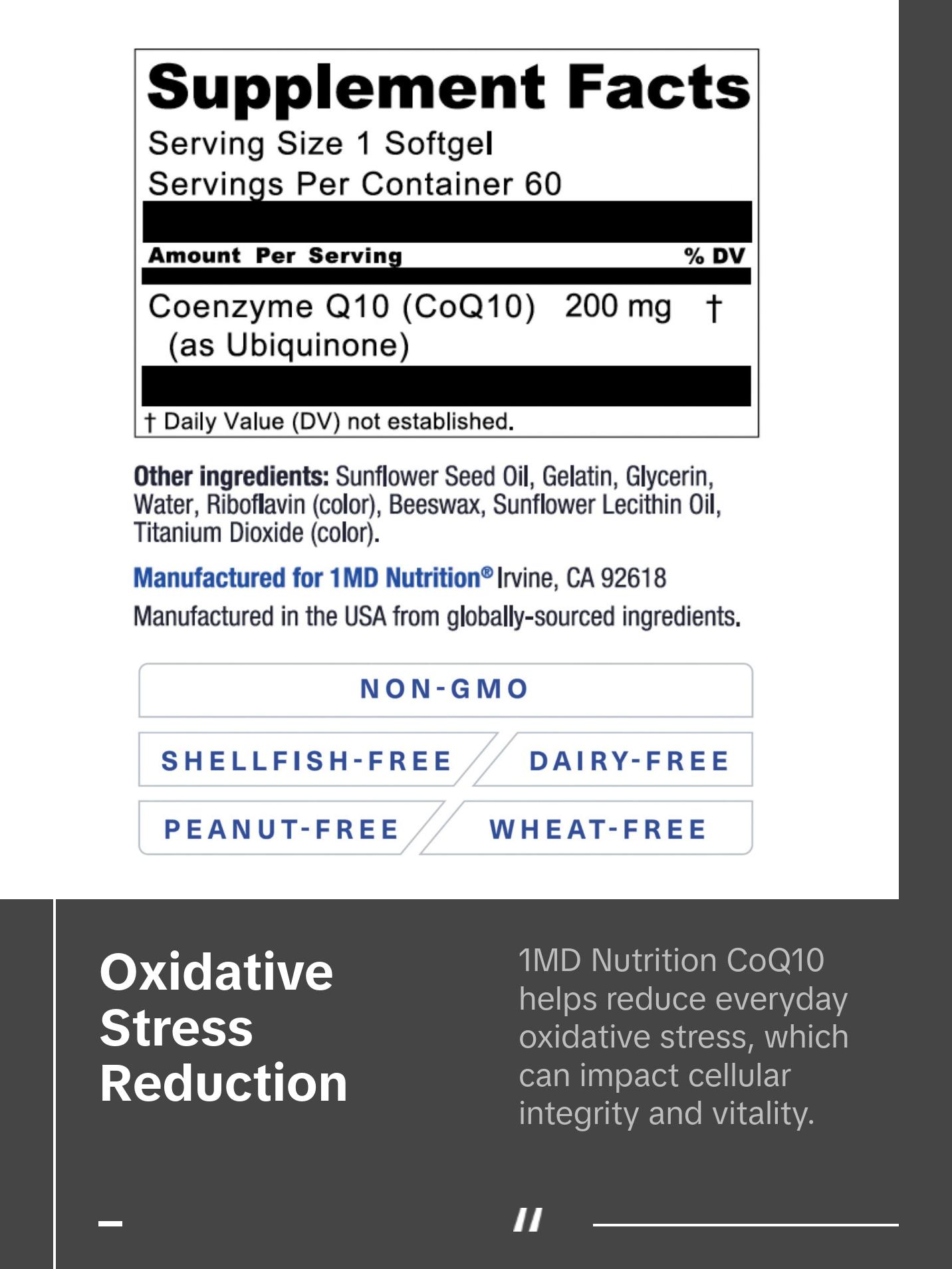 1MD Nutrition CoQ10 - Heart Health & Cellular Energy Production - Coenzyme Q10 Antioxidant Softgel Health Supplement - 2-Month Supply