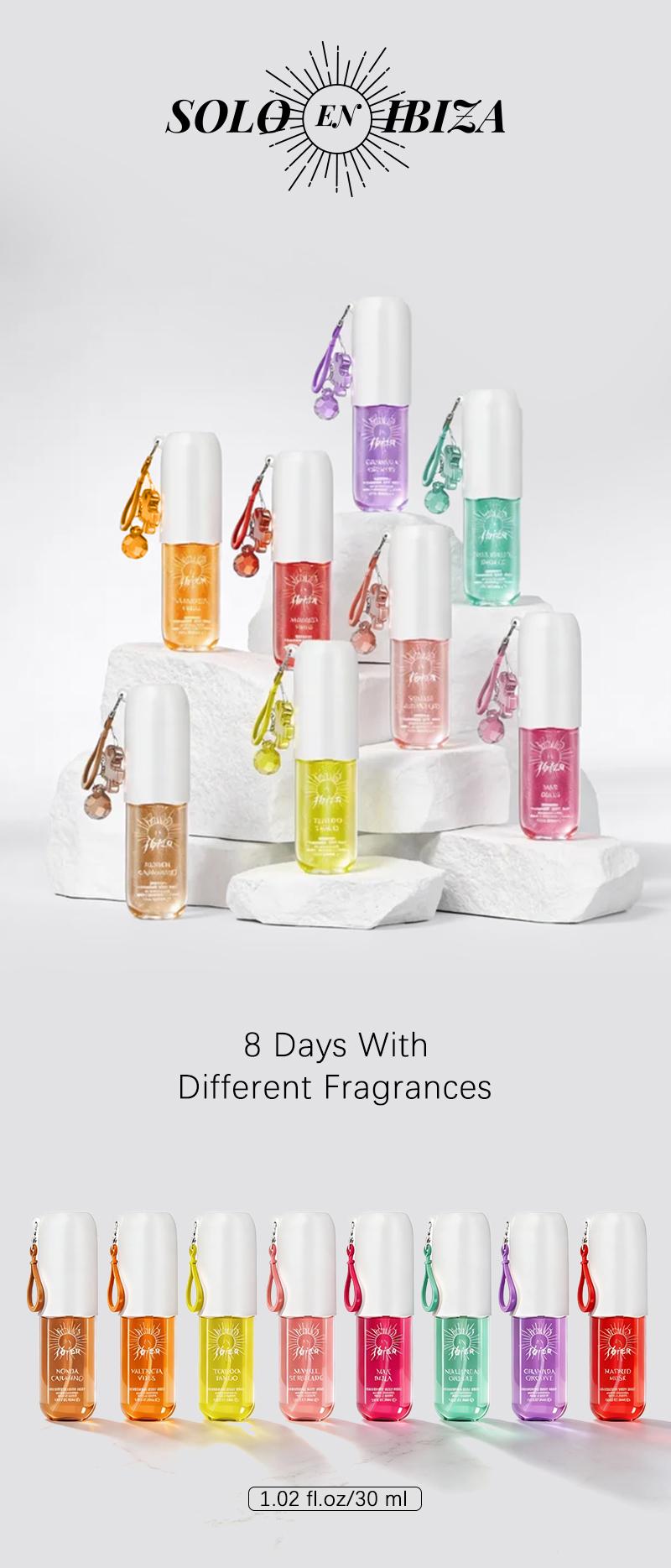 SOLO EN IBIZA 8-Piece Mini Set Body & Hair Fragrance Mist,Travel Size Perfume,Long-Lasting,8 Different Scents,Perfect For Dating,Daily Life,Parties,Gift Giving,1.02 fl oz/30 ml Each Bottle